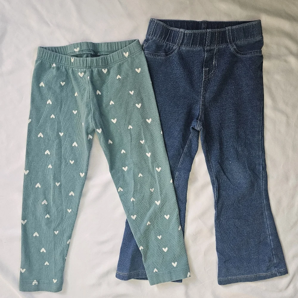 Set Of 2 Toddler Girls Leggings- Hearts And Denim Flare- Old Navy/Cat & Jack- 3T
